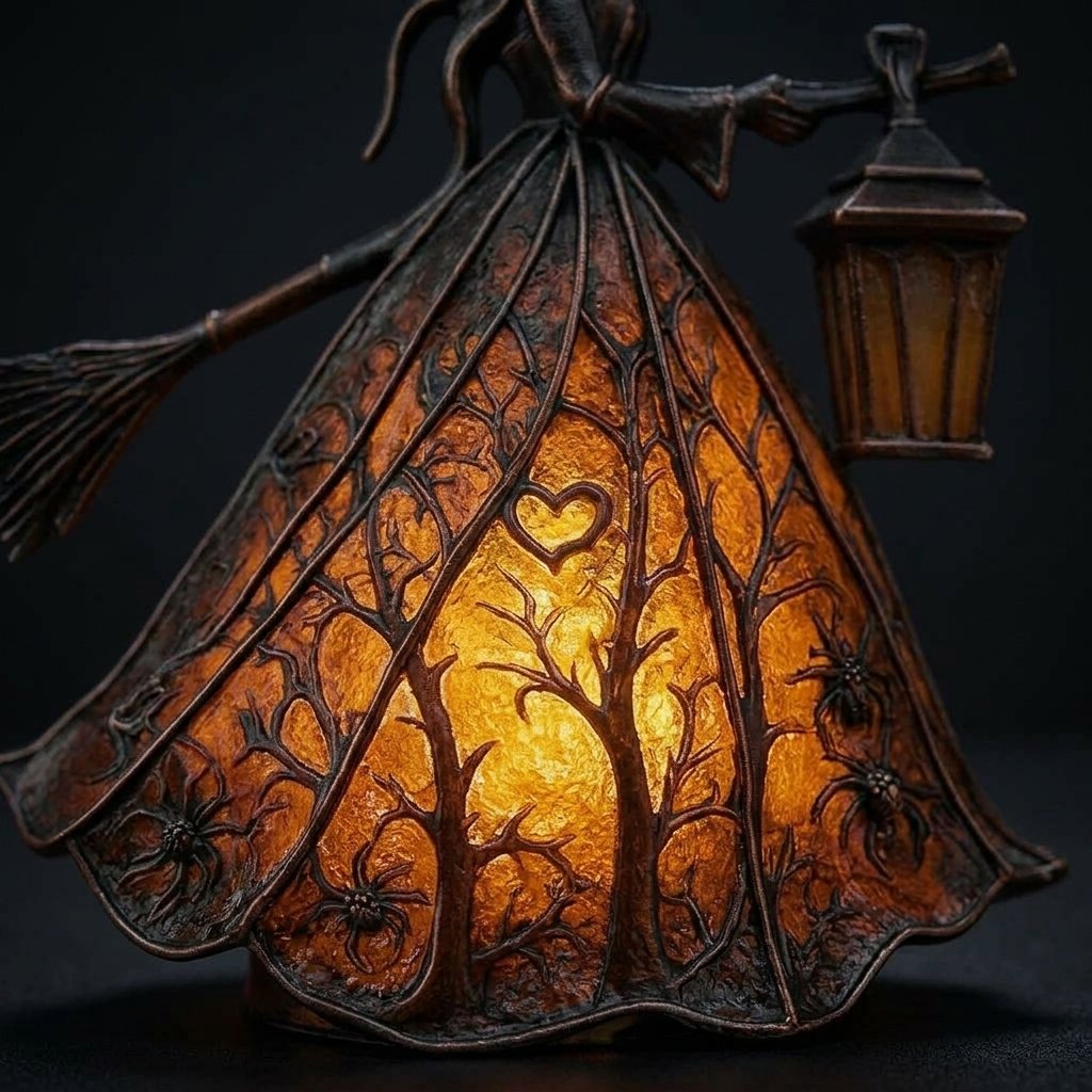 Witch Silhouette Table Lamp with Warm Amber Glow and Stained Glass Dress Design