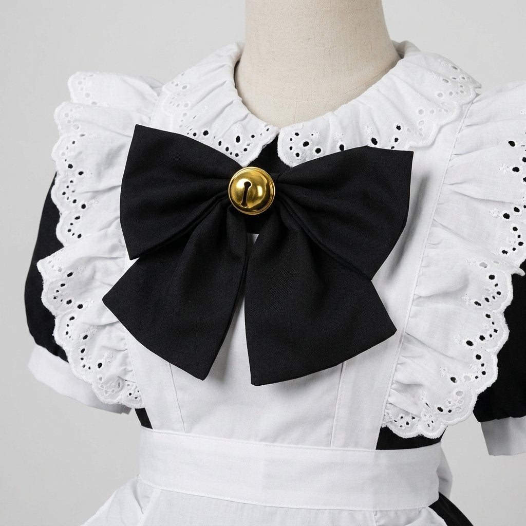 Women's French Maid Costume Dress with Apron, Puff Sleeves and Lace Trim — Sizes 6 to 28