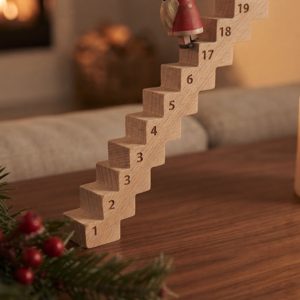 Wooden Advent Staircase with Santa Figurine