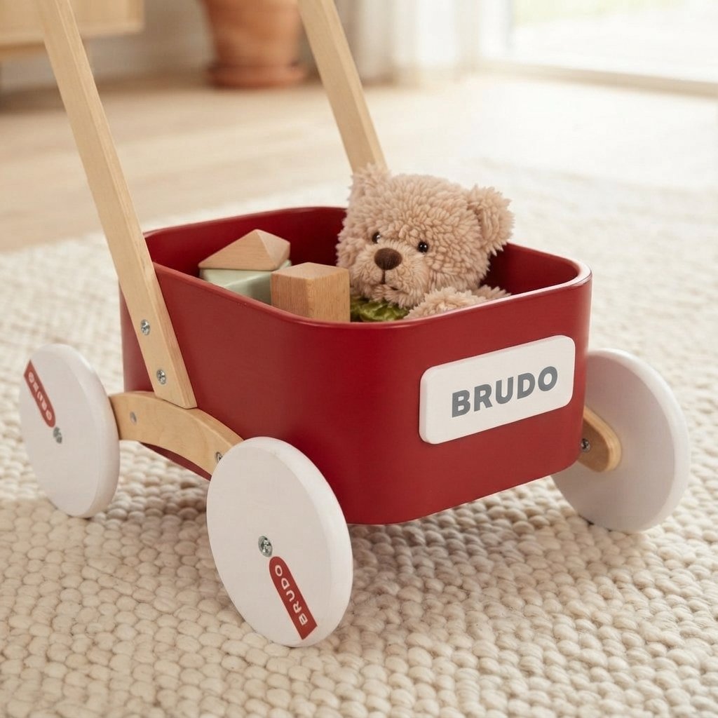 Wooden Baby Push Walker Wagon – Red