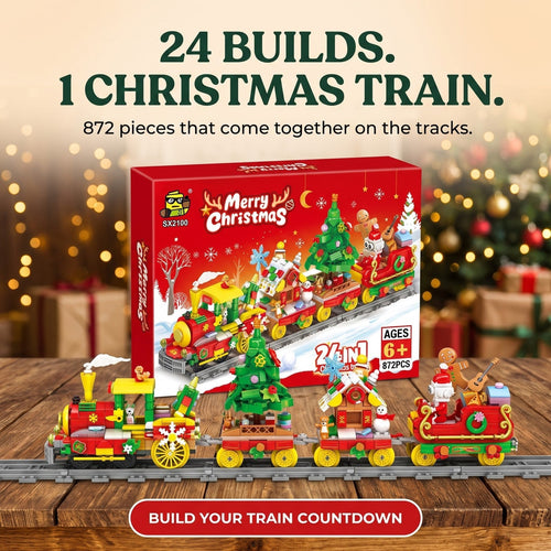 Supplier graphic showing 24 builds forming one Christmas train, 872 pieces and the completed train on grey tracks.