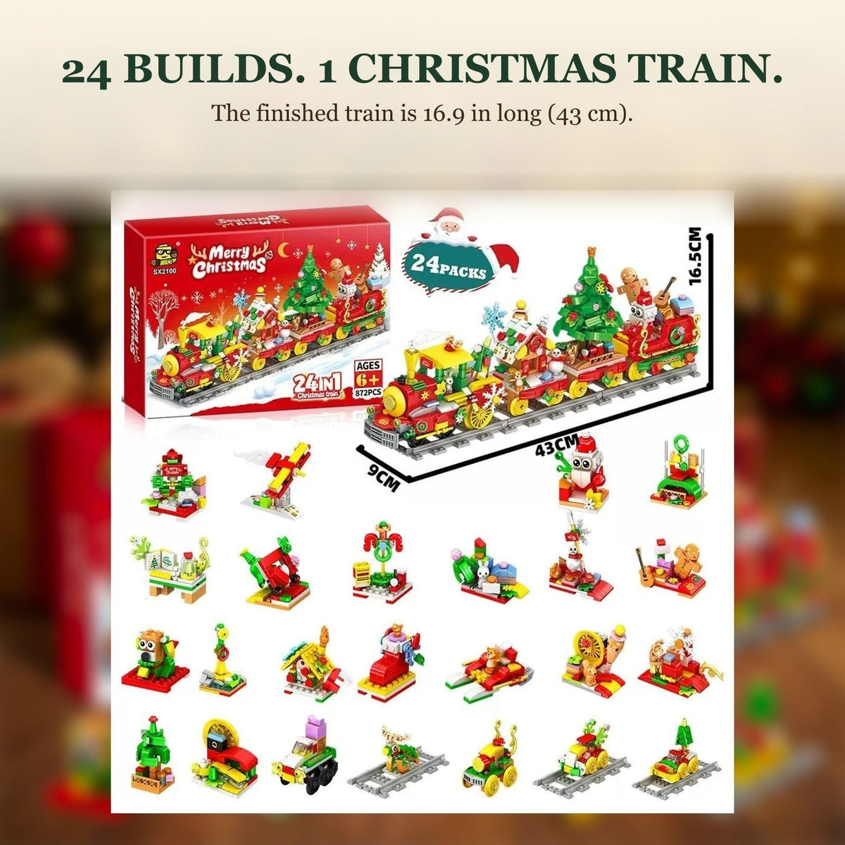 Supplier graphic showing 24 packs, the individual Christmas builds and finished train dimensions labelled 43 cm by 9 cm by 16.5 cm.