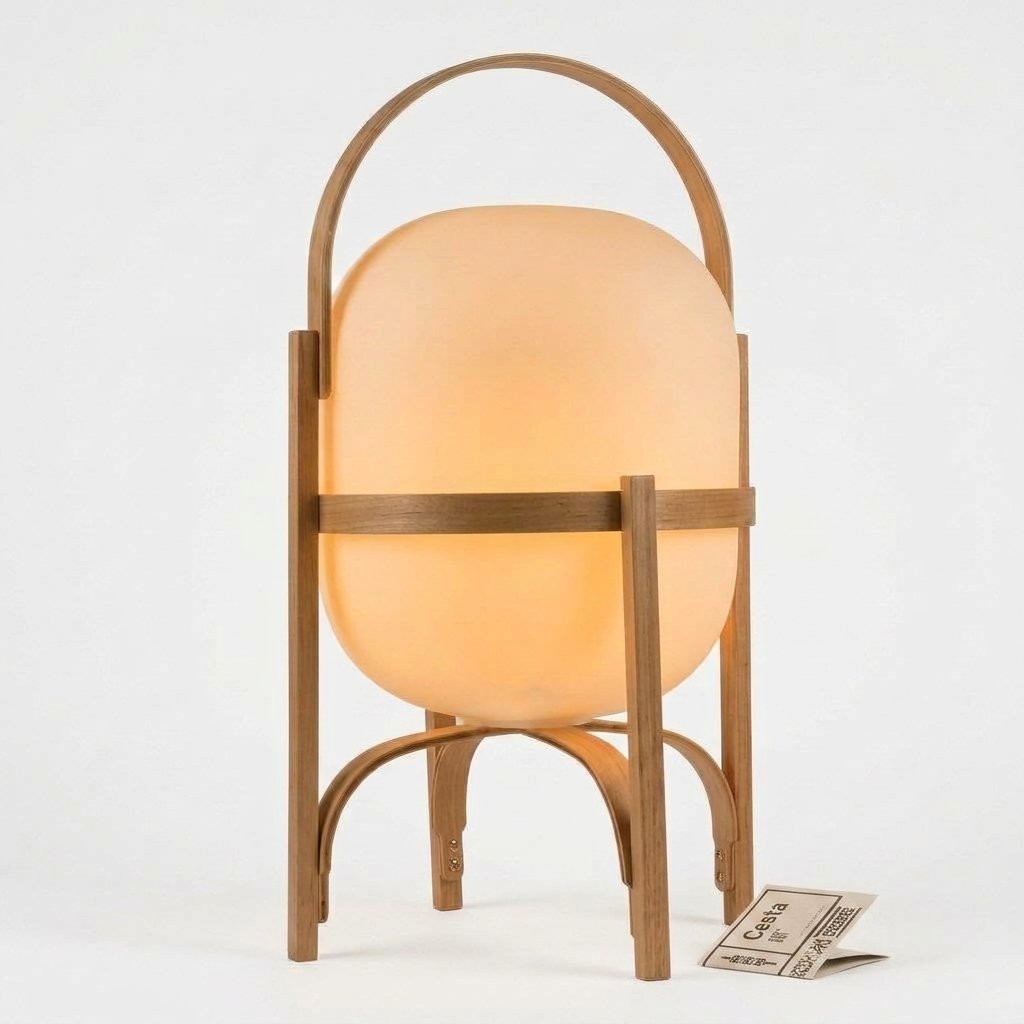 Arcoven Veya Lantern Table Lamp with Opal Glass Globe and Arched Wooden Frame — Walnut