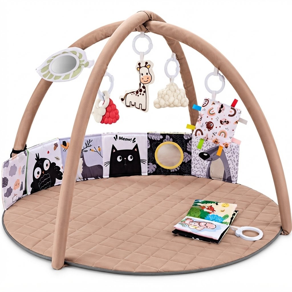 Baby Play Gym Mat with Six Sensory Toys — Brown