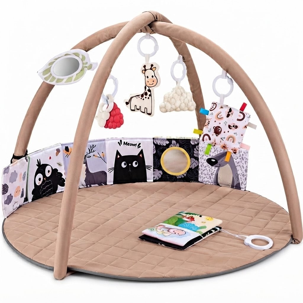 Baby Play Gym with 6 Sensory Toys — Brown