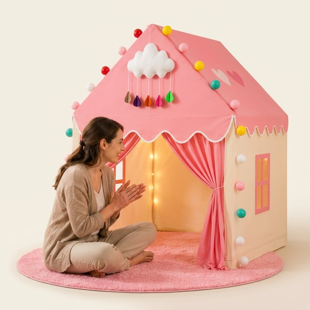 Children's Play House Tent with Lights & Mat — Pink