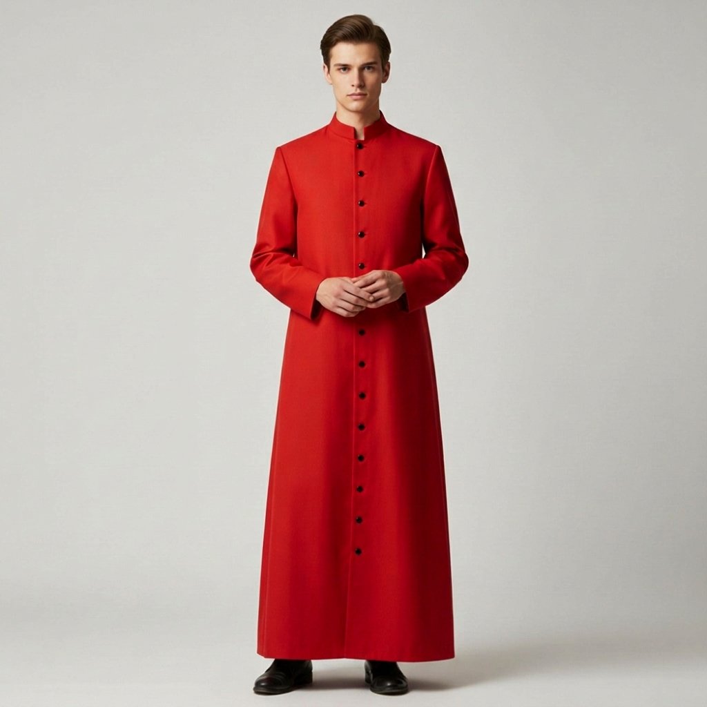 Clergy Cassock Robe with Button-Front and Band Collar – Ankle-Length Costume — Red