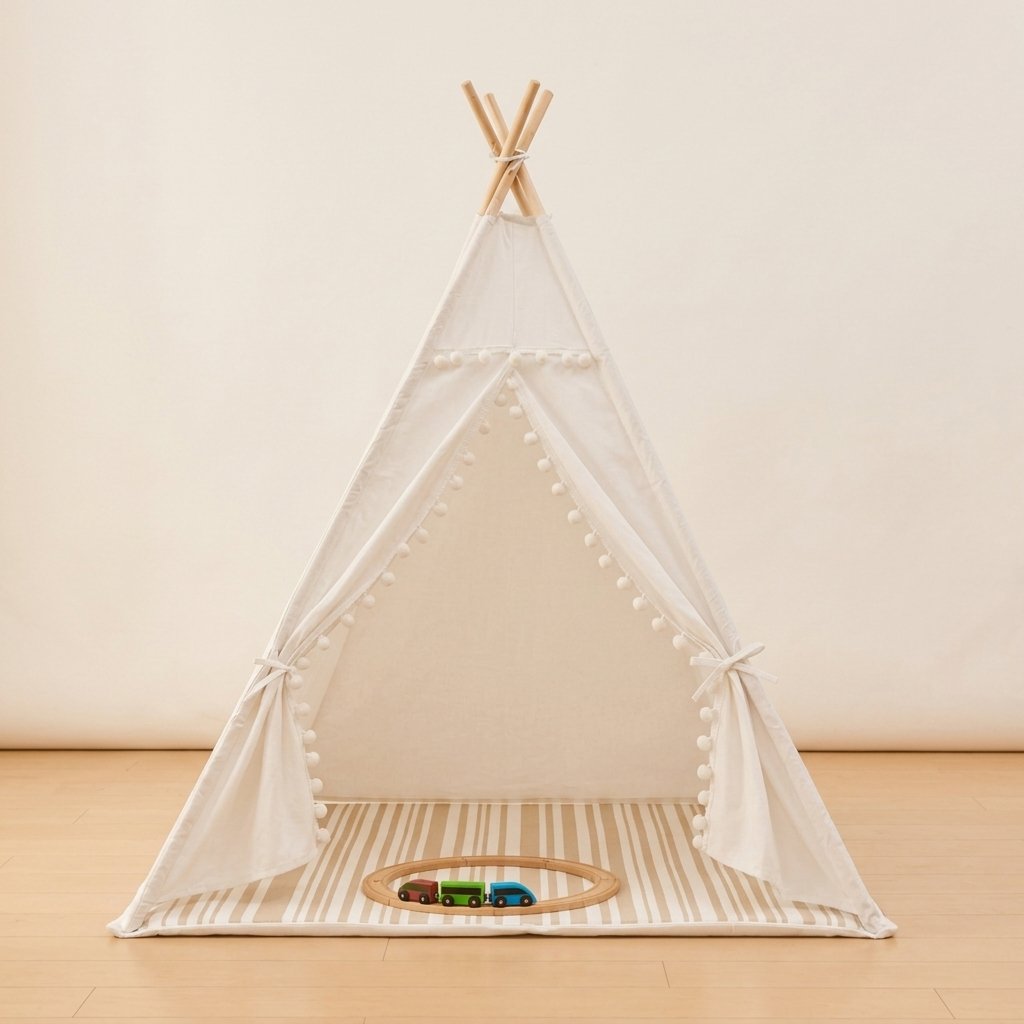 Cotton Teepee Play Tent with Pom-Poms — White