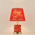 Crystal Block Table Lamp with Floral Fabric Shade — Red
