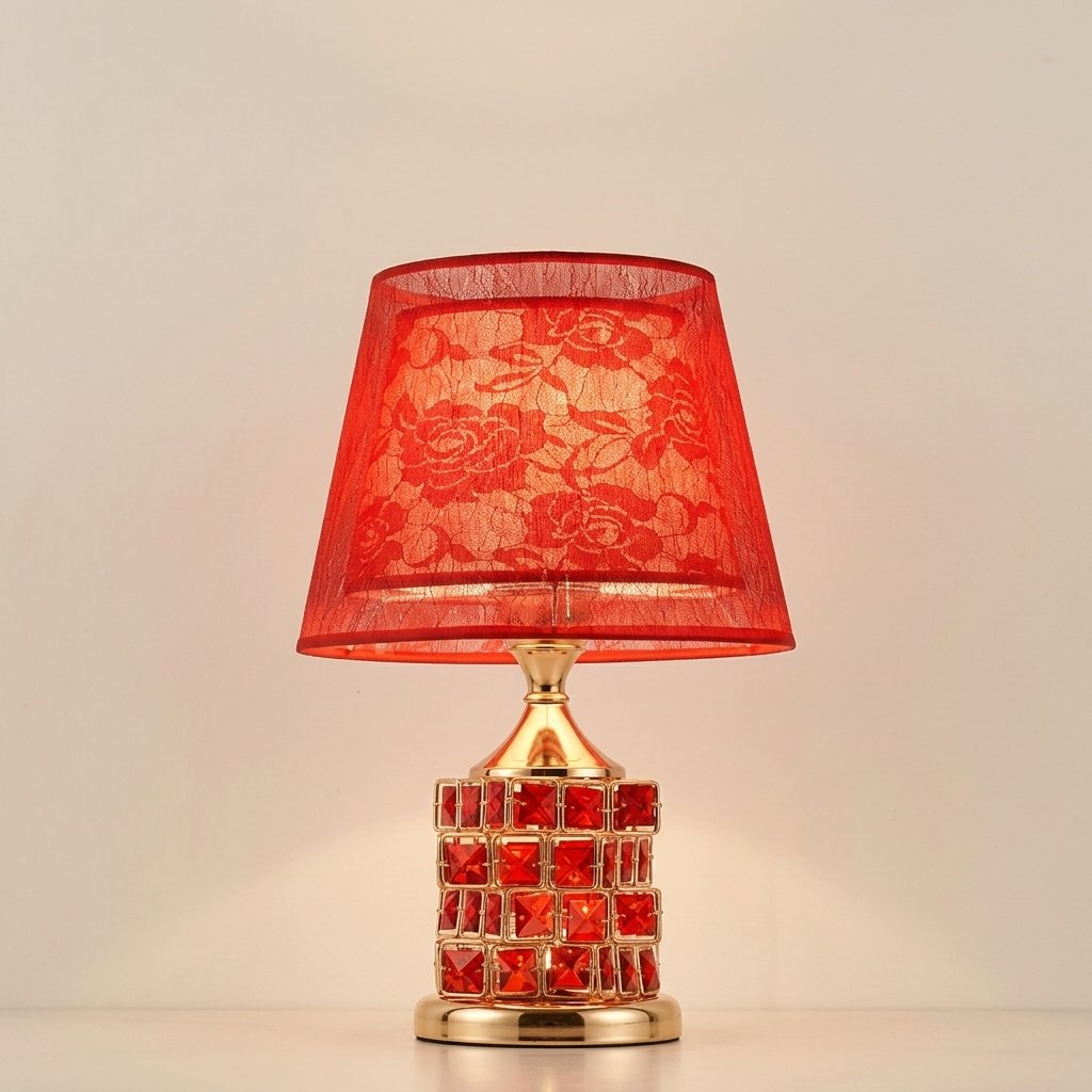 Crystal Block Table Lamp with Floral Fabric Shade — Red