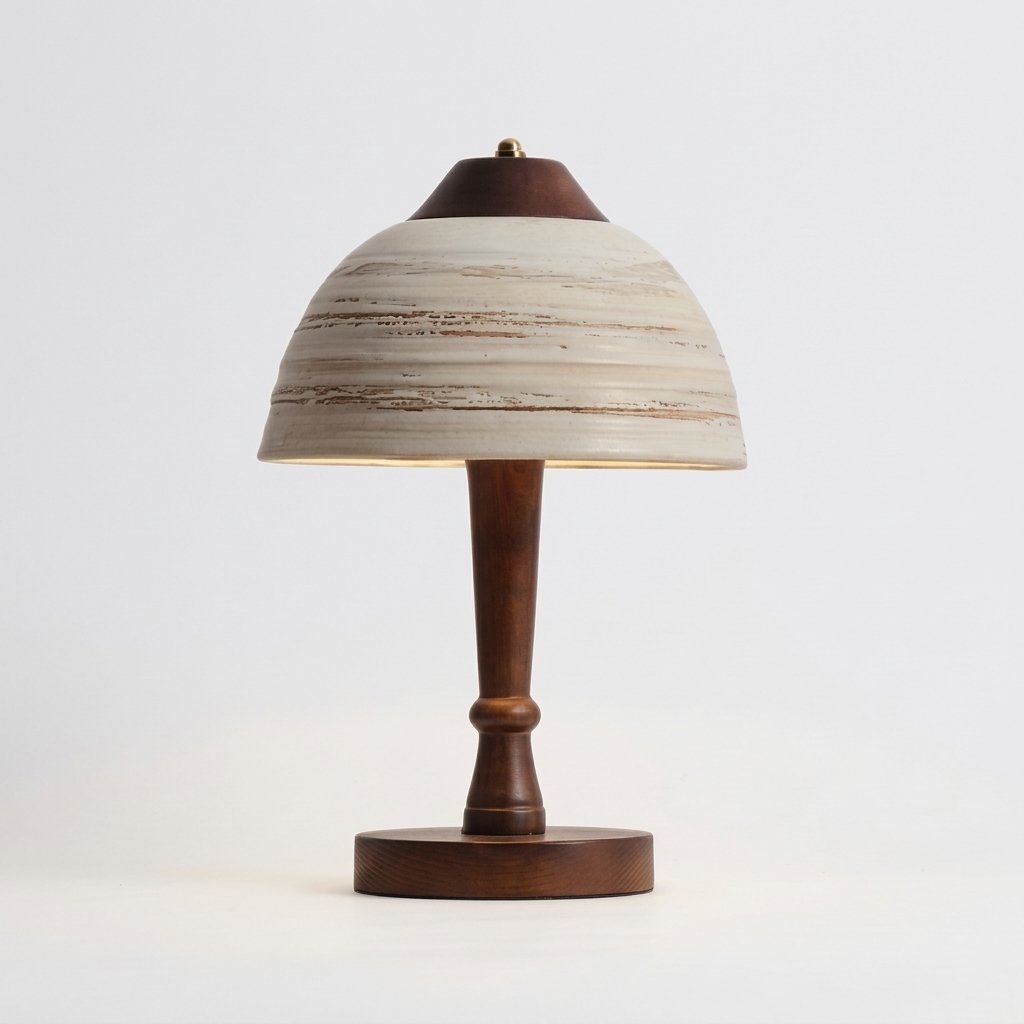 Dome Ceramic and Solid Wood Table Lamp with Ribbed Shade — Walnut