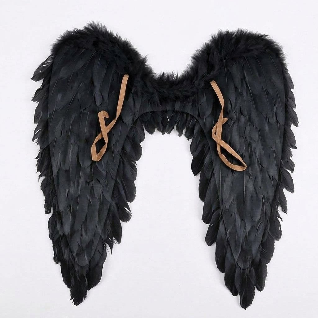 Feathered Angel Wings Costume Accessory with Adjustable Straps — Black