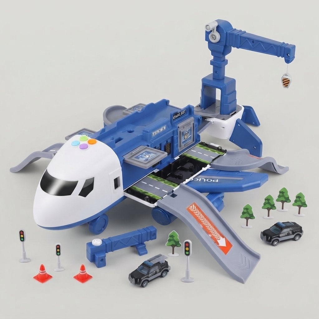 Fold-Out Airplane Playset with Vehicles — Blue
