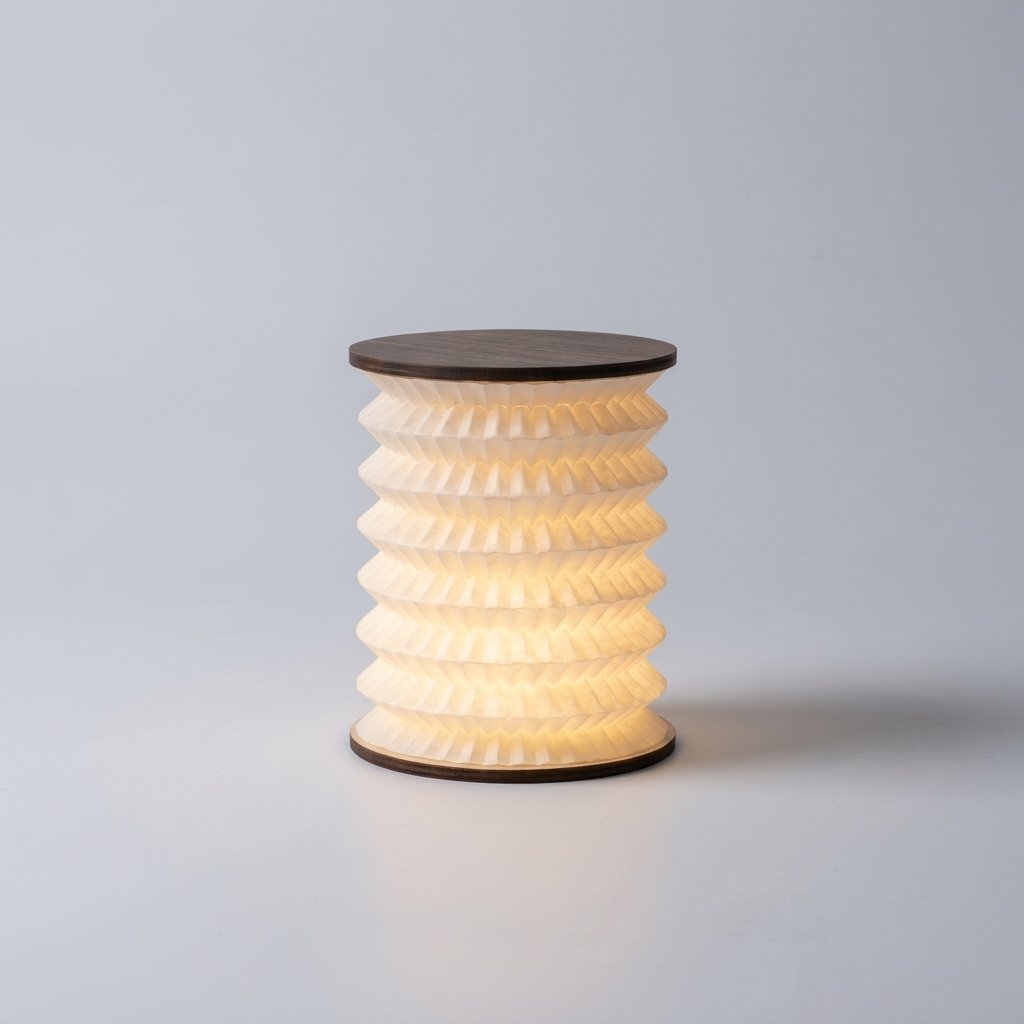 Folded paper lantern table lamp with warm LED light and wooden disc detail — A
