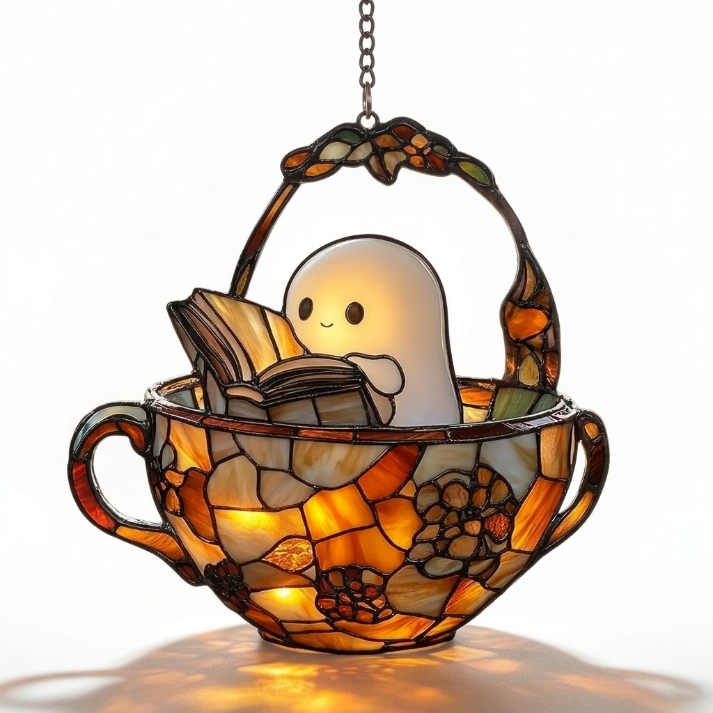 Ghost in a Teacup Stained-Glass Style Suncatcher with Book Design – Hanging Window Decoration — Happy Reader