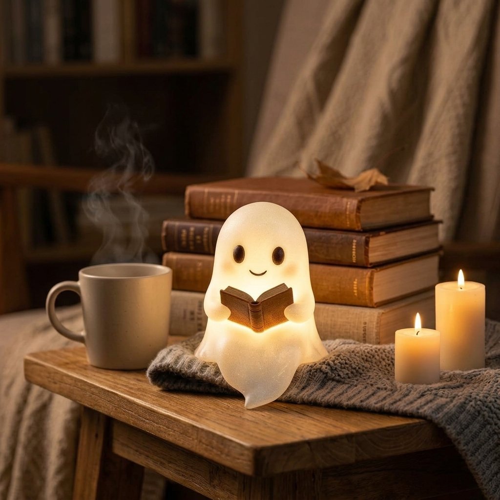 Ghost Reading Book Lamp – Halloween Resin Figurine — : 15.24 cm