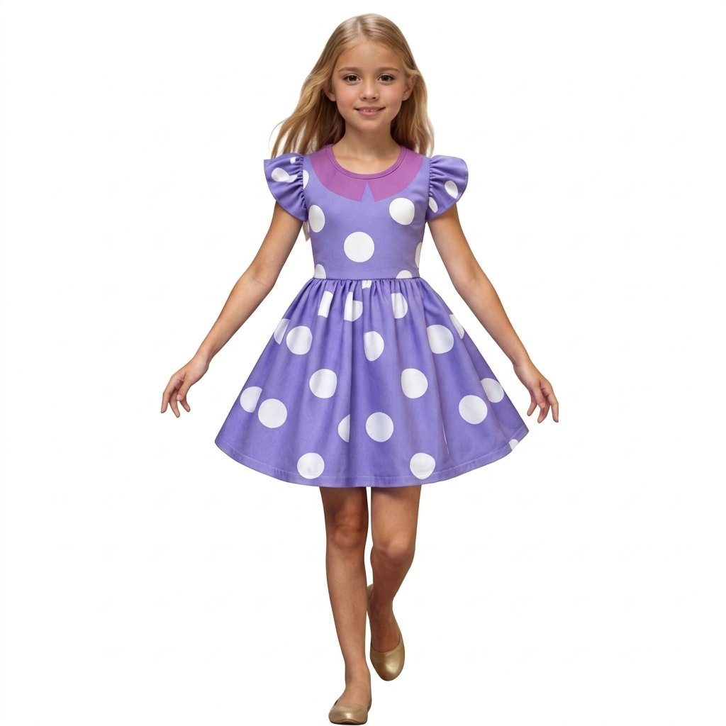 Girls' Purple Polka Dot Flutter Sleeve Costume Dress with A-Line Skirt – Ages 3 to 10 — Dress