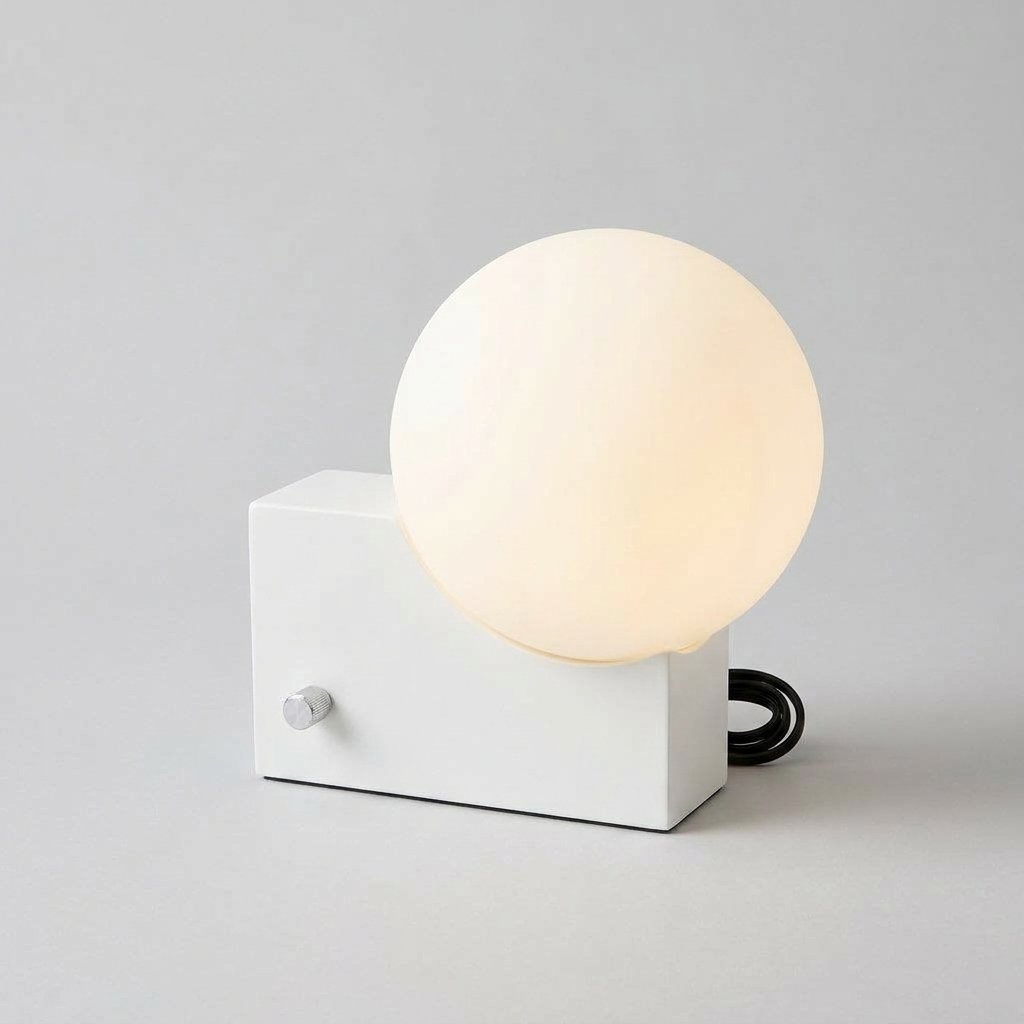 Globe Block Table Lamp with Frosted Glass Sphere and Metal Base — White