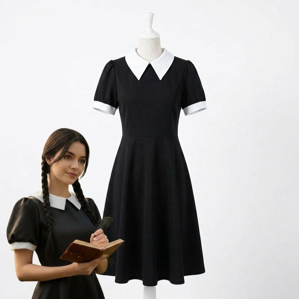 Gothic Schoolgirl Costume Dress with White Pointed Collar and Long Sleeves — Black Dress