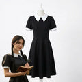 Gothic Schoolgirl Costume Dress with White Pointed Collar and Long Sleeves — Black Dress
