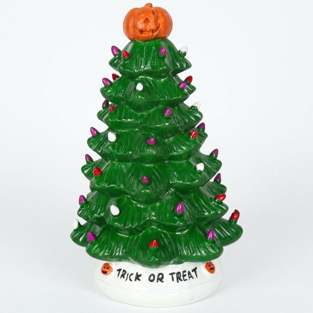 Halloween Ceramic Light-Up Tree with Pumpkin Topper — Green