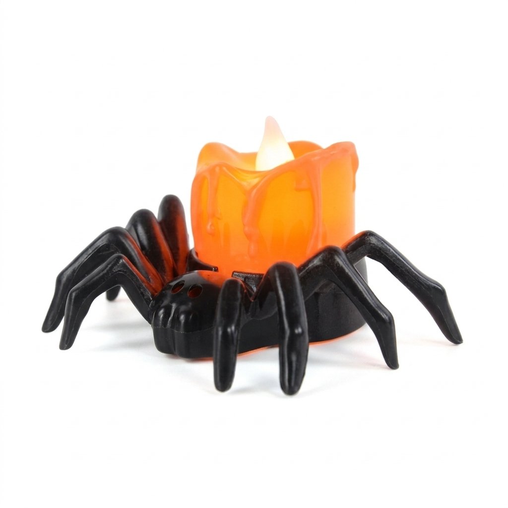 Halloween Flickering LED Spider Candle with Orange Pumpkin-Style Holder — 1 Candle