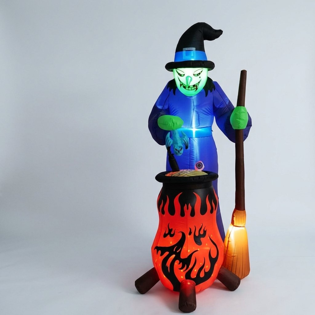 Halloween Inflatable Witch Decoration with Built-In LED Lighting for Outdoor Yard Display — Witch with Cauldron