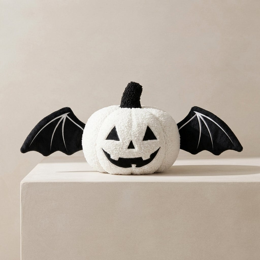 Halloween Pumpkin Cushion with Bat Wings, Plush Fleece — White