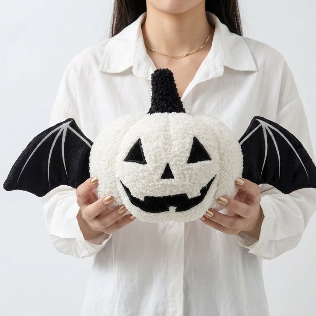 Halloween Pumpkin Plush Cushion with Bat Wings — White