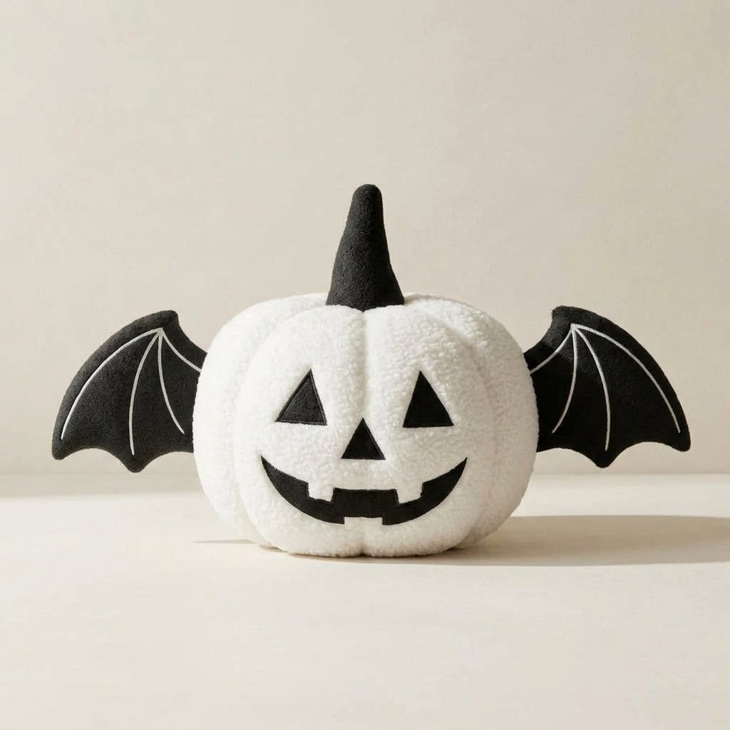 Halloween Pumpkin Plush Cushion with Bat Wings – Jack-o'-Lantern Design — White