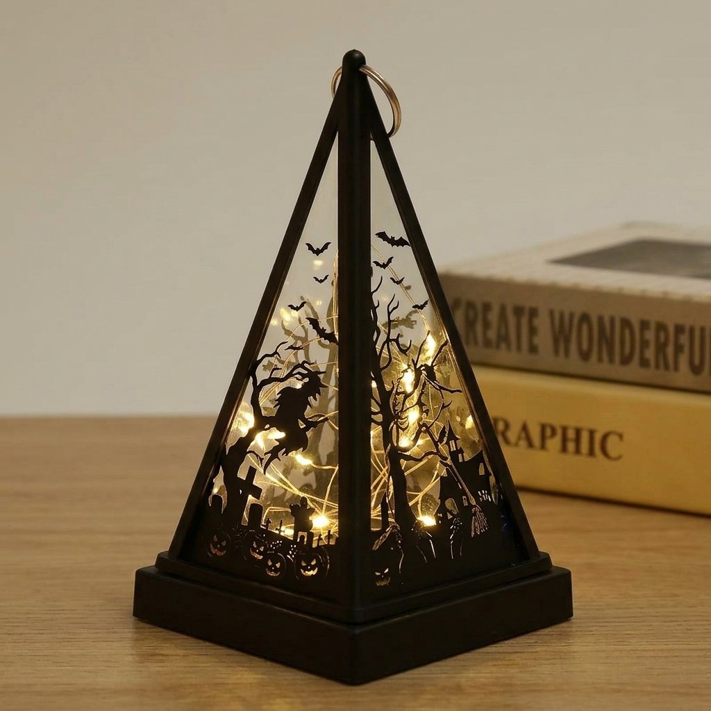 Halloween Pyramid Lantern with Flickering LED Candle — Black Lighting Chain