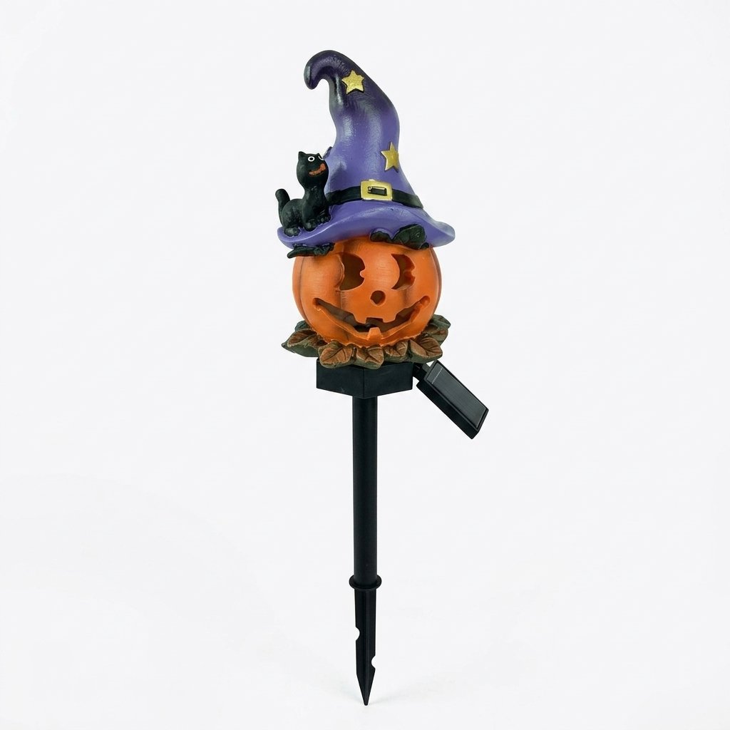 Halloween Solar Garden Stake Light – Resin Character Design with Auto On/Off — Wizard Pumpkin