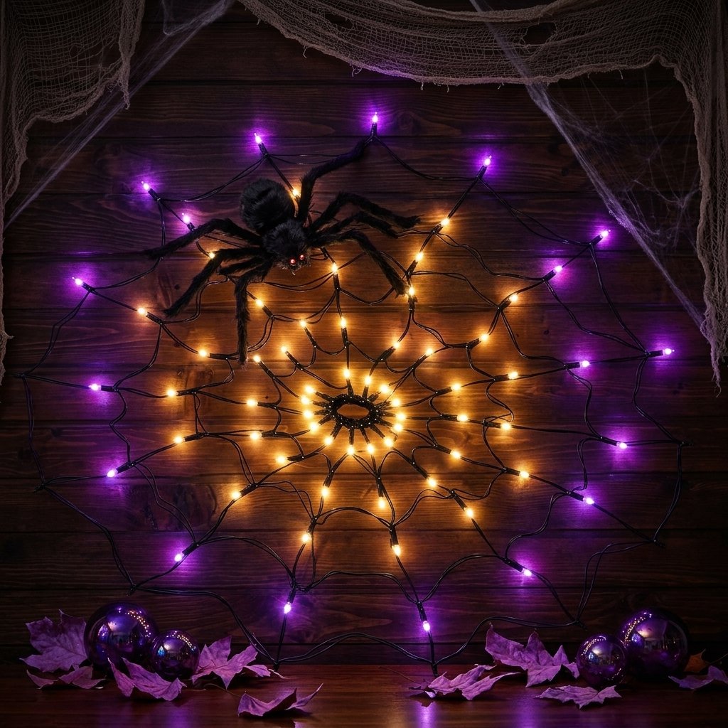 Halloween Spider Web Lights with Remote, 70 LEDs — Purple