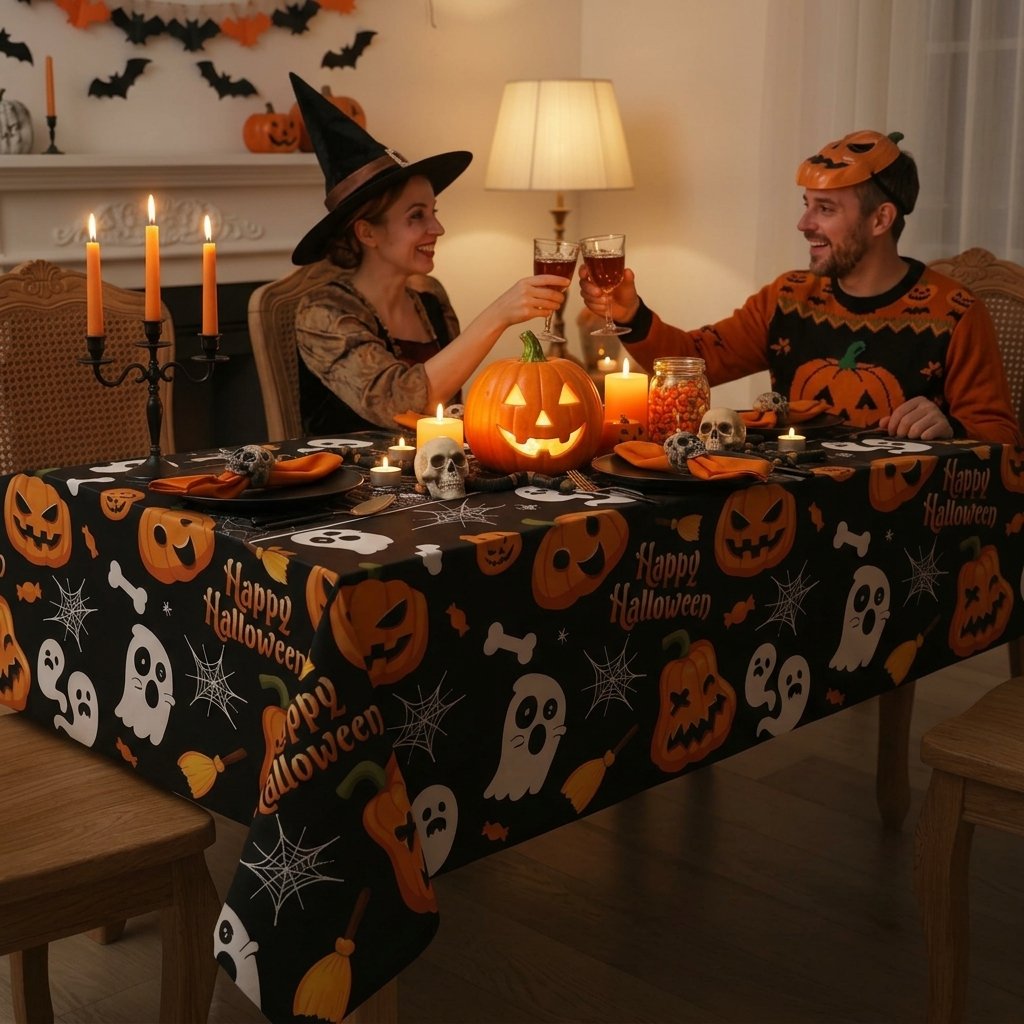 Halloween Tablecloth with Spider Web Design, Black or Purple — Black
