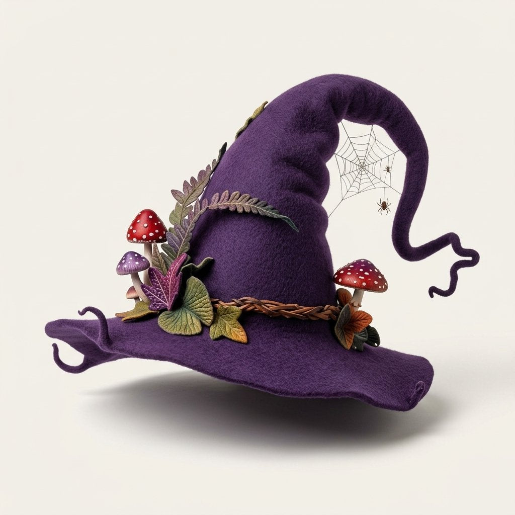 Handmade Felted Wool Witch Hat with Spiderweb Embroidery and Floral Accents — Purple