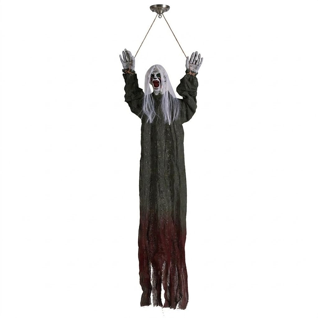 Hanging Ghost Halloween Decoration – Haunted House Prop — White Hair Green Coat
