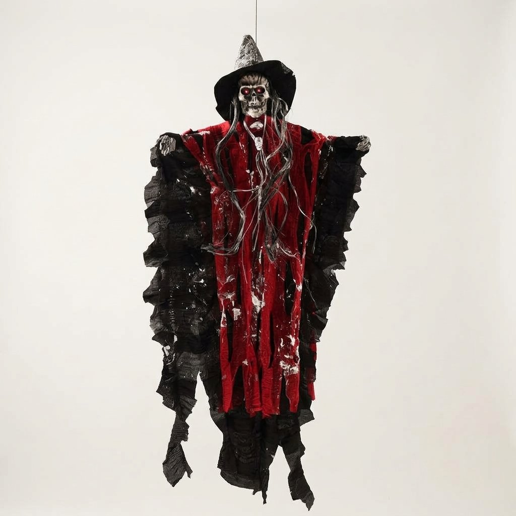 Hanging Skeleton Witch Ghost Prop with Light & Sound — Red