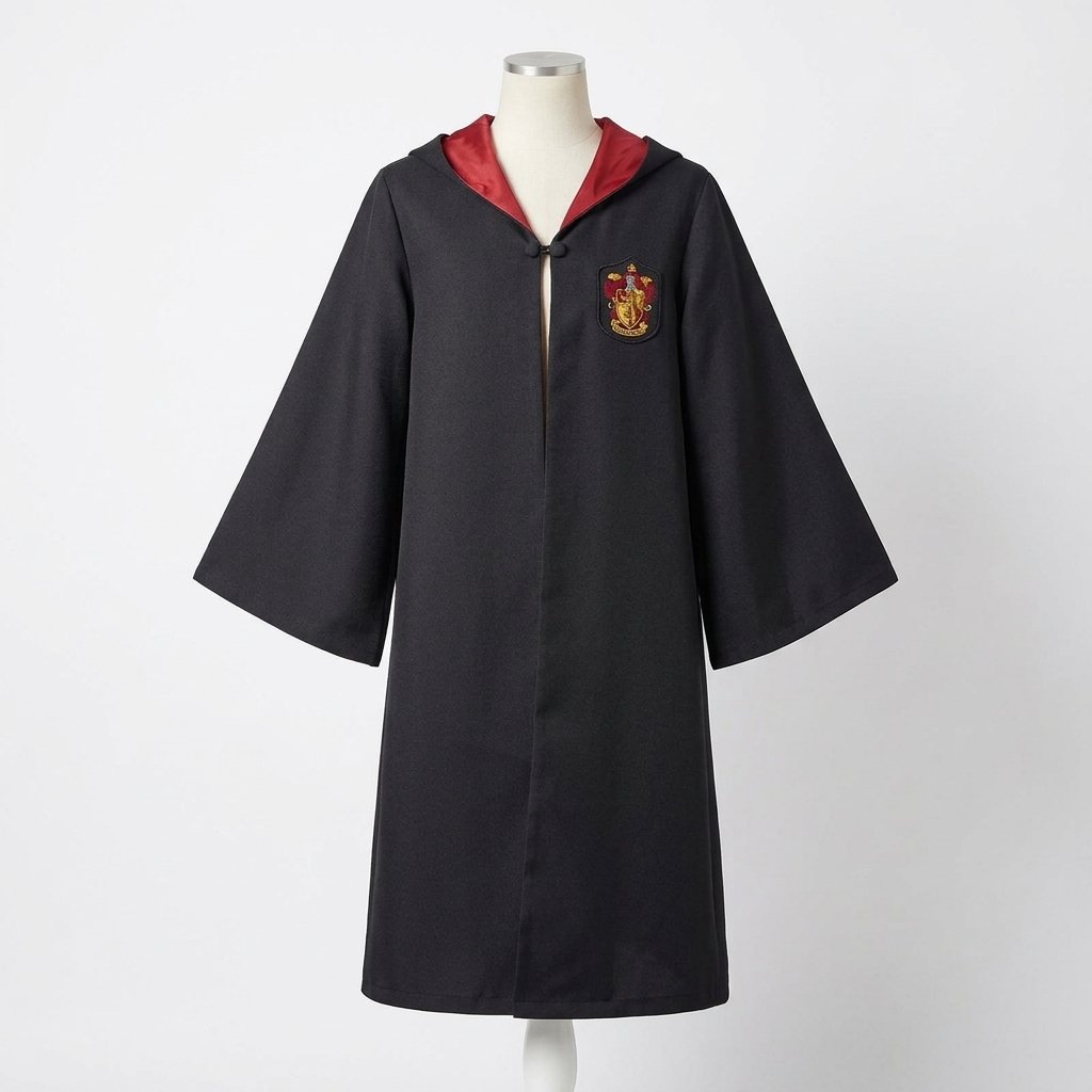 Hooded Wizard School Robe with Embroidered House Crest, Wand, Tie and Glasses — Gryffindor