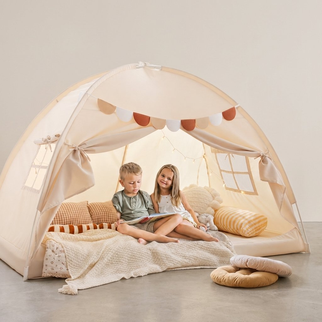 Kids Bed Play Tent with Star Lights — Beige