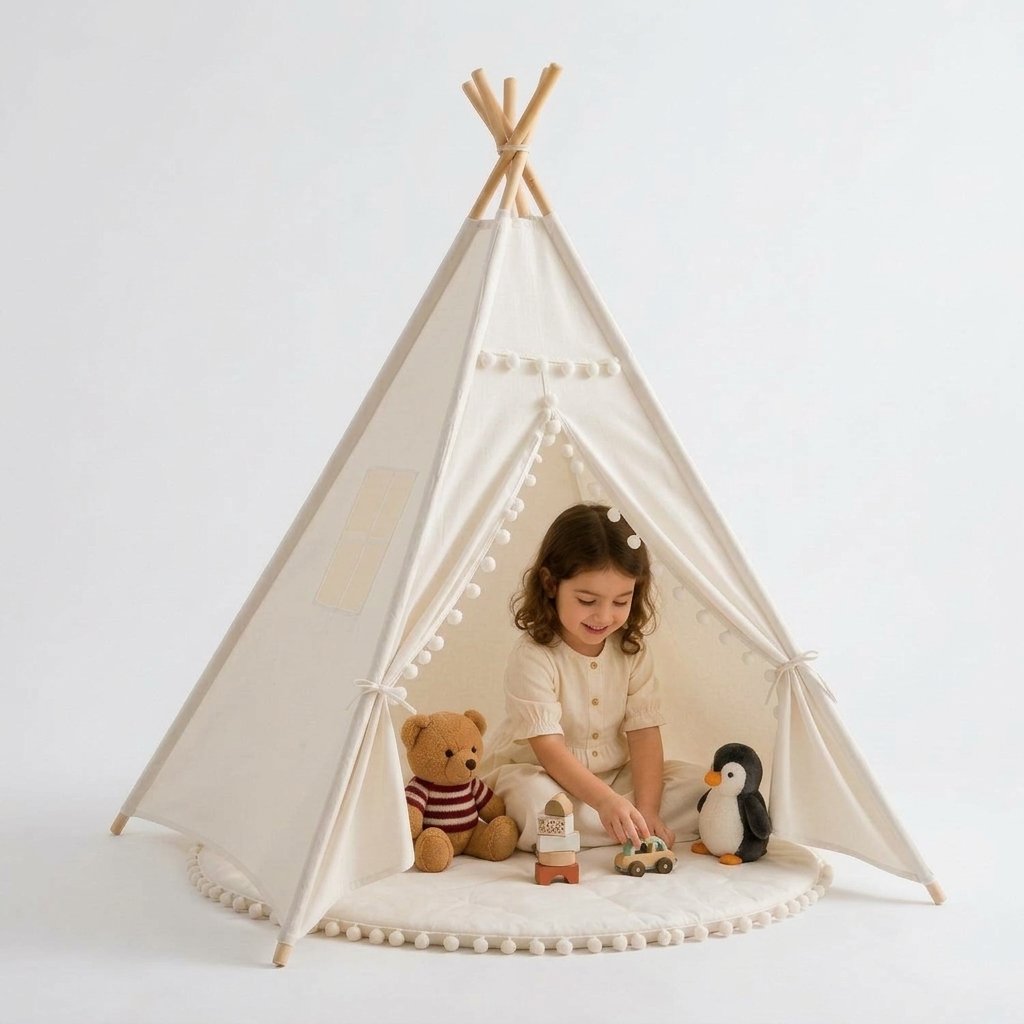 Kids Cotton Teepee Tent with Pom-Pom Trim — 1.35m With Mat