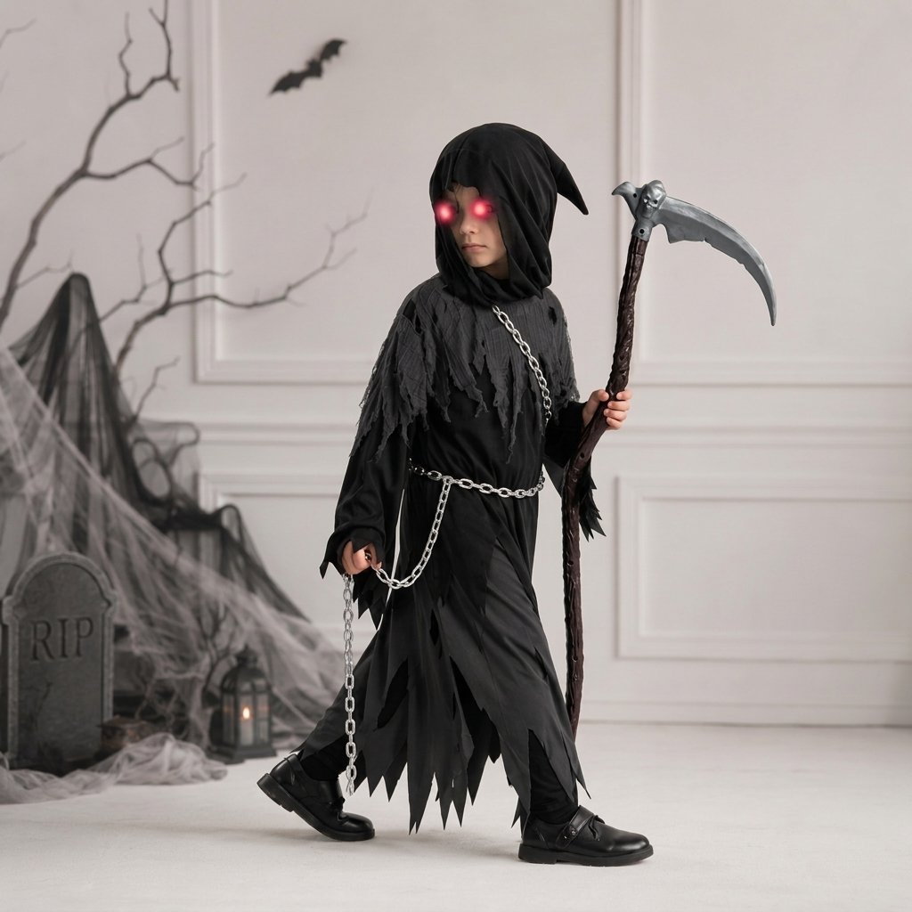Kids' Grim Reaper Costume with Glowing Eyes & Scythe — Black
