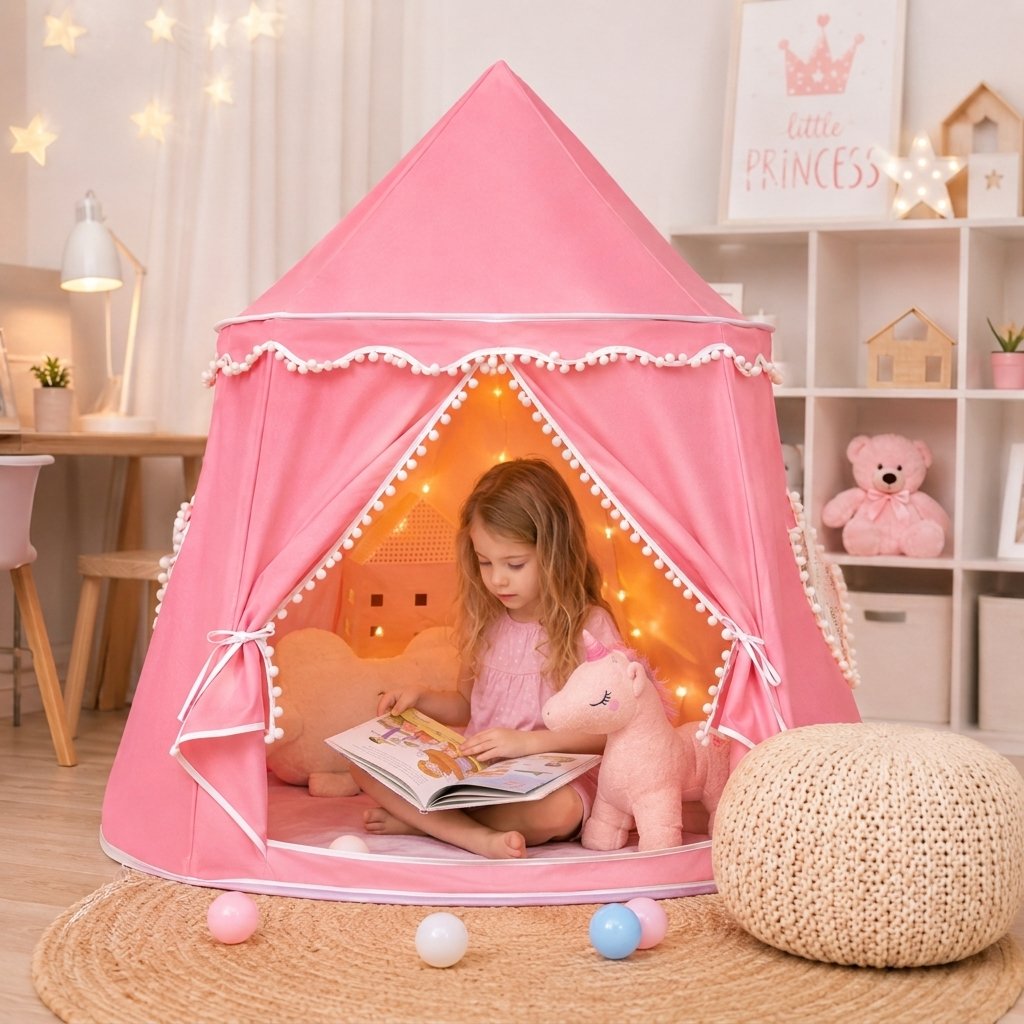 Kids Indoor Play Tent with Pom-Pom Trim — Pink