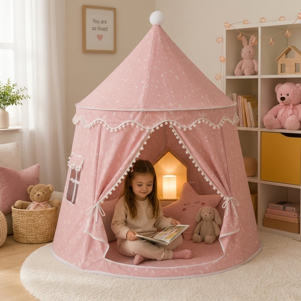 Kids Play Tent with Pom-Pom Trim — Pink