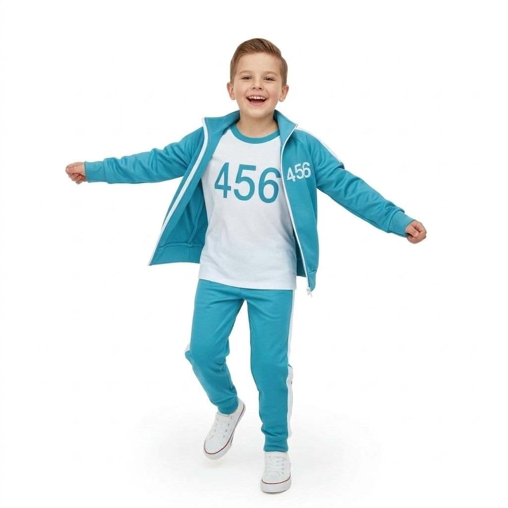 Kids' Three-Piece Teal Tracksuit Costume Set with Printed Numbers and Side Stripes — Teal Tracksuit 1