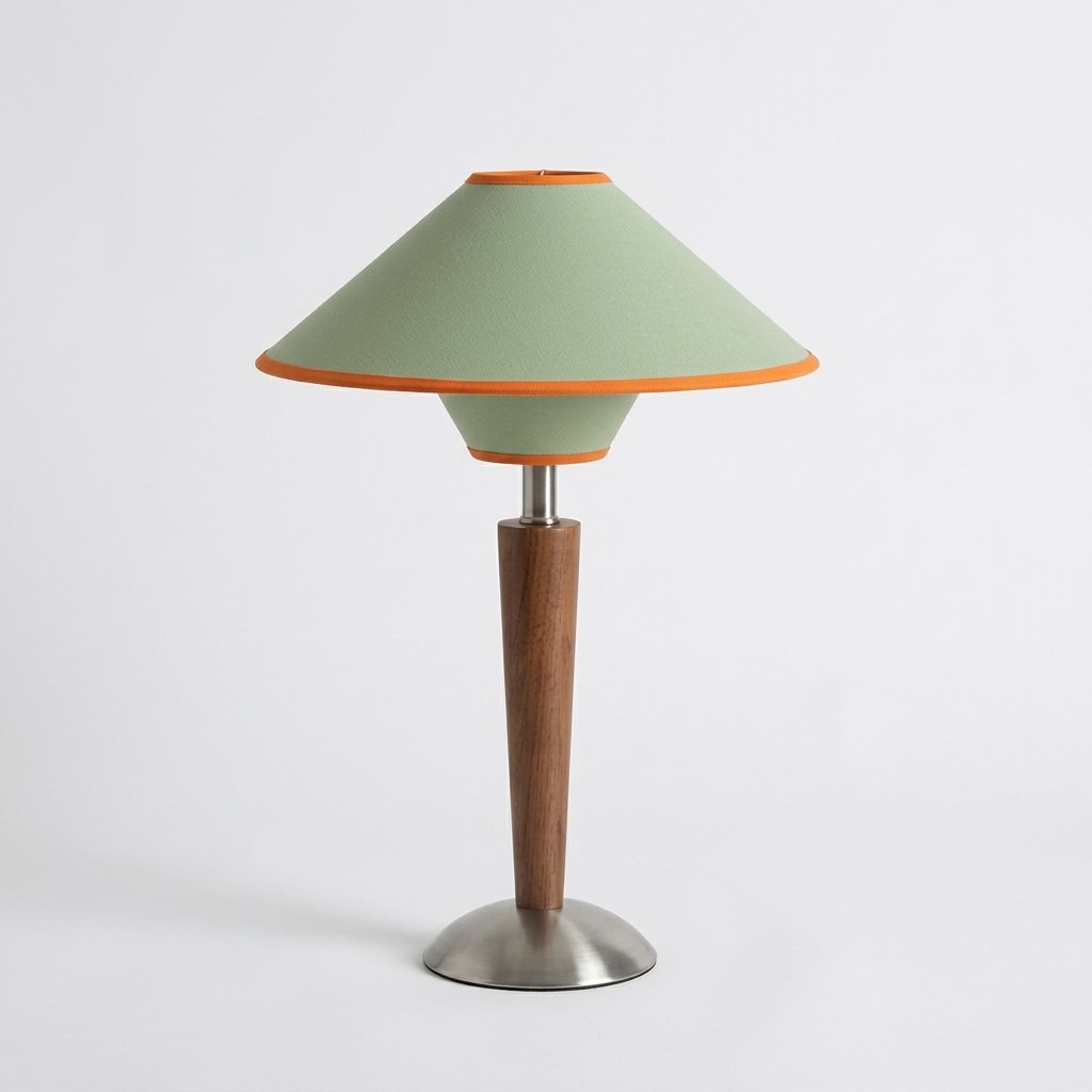 Mid-Century Conical Table Lamp with Fabric Shade and Wooden Stem — Green
