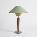 Mid-Century Conical Table Lamp with Fabric Shade and Wooden Stem — Green