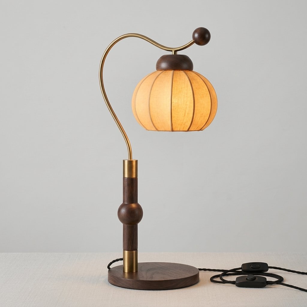 Nanyang Sculptural Table Lamp with Walnut Base, Curved Brass Arm and Ribbed Fabric Shade — Warm