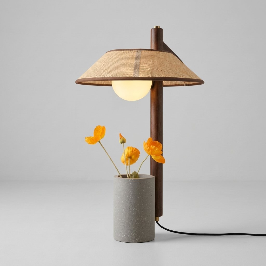 Nordic Drum Planter Table Lamp with Linen Shade and Concrete Base — Warm
