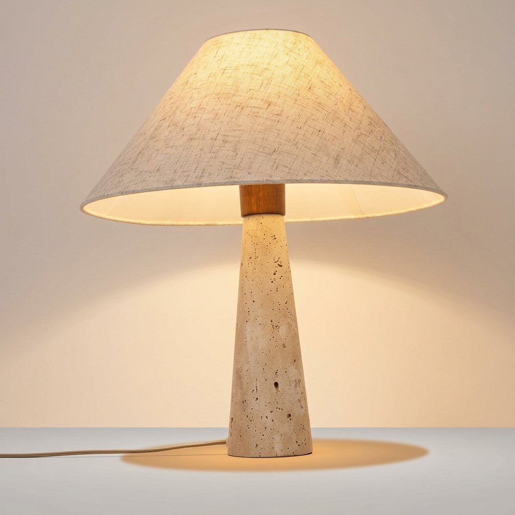 Nordic Travertine Cone Base Table Lamp with Linen Shade — Warm