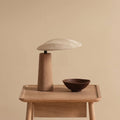 Oval Wabi-Sabi Table Lamp with Solid Wood Base and Fabric Shade — Warm